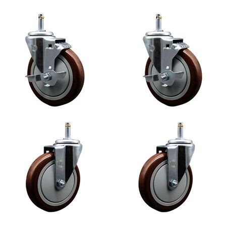 Service Caster 5'' Maroon Poly Wheel Swivel 7/16'' Grip Ring Stem Caster Set 2 Brakes, 4PK SCC-GR20S514-PPUB-MRN-TLB-716138-2S2